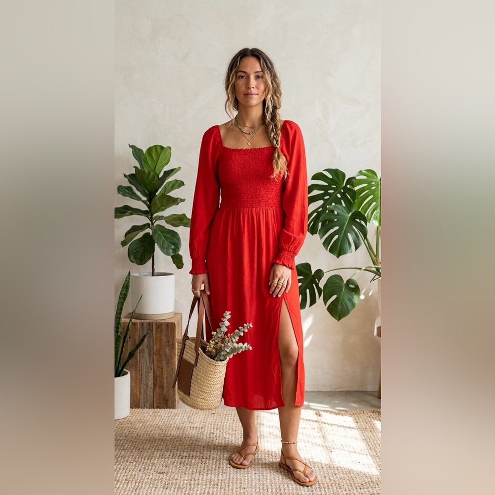 La Ligne Red Smocked Dress Size XL Long Sleeve Midi Holiday Party Slit Front